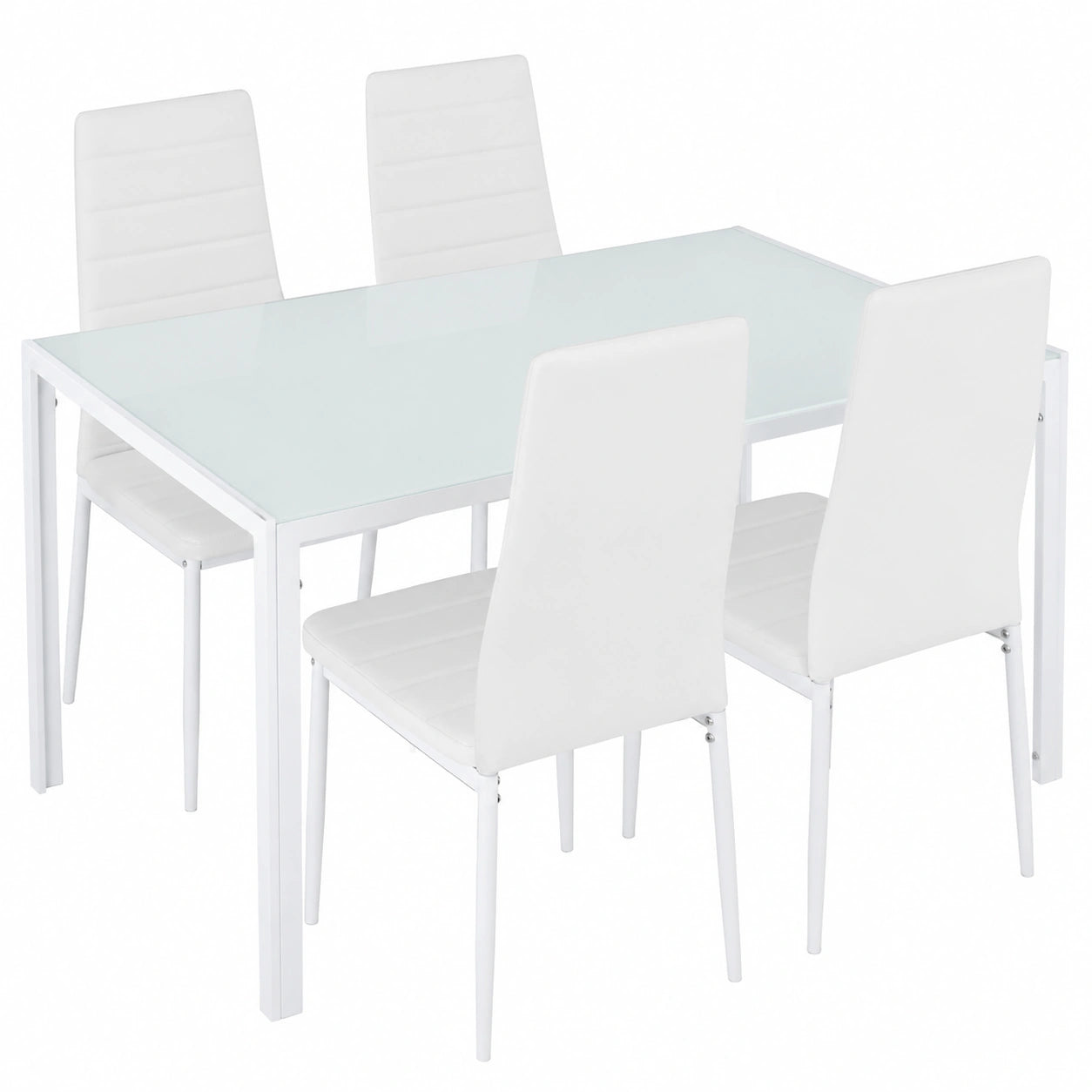 Table à manger, avec 4 chaises, en verre trempé et cuir, coloris blanc, pour la salle à manger